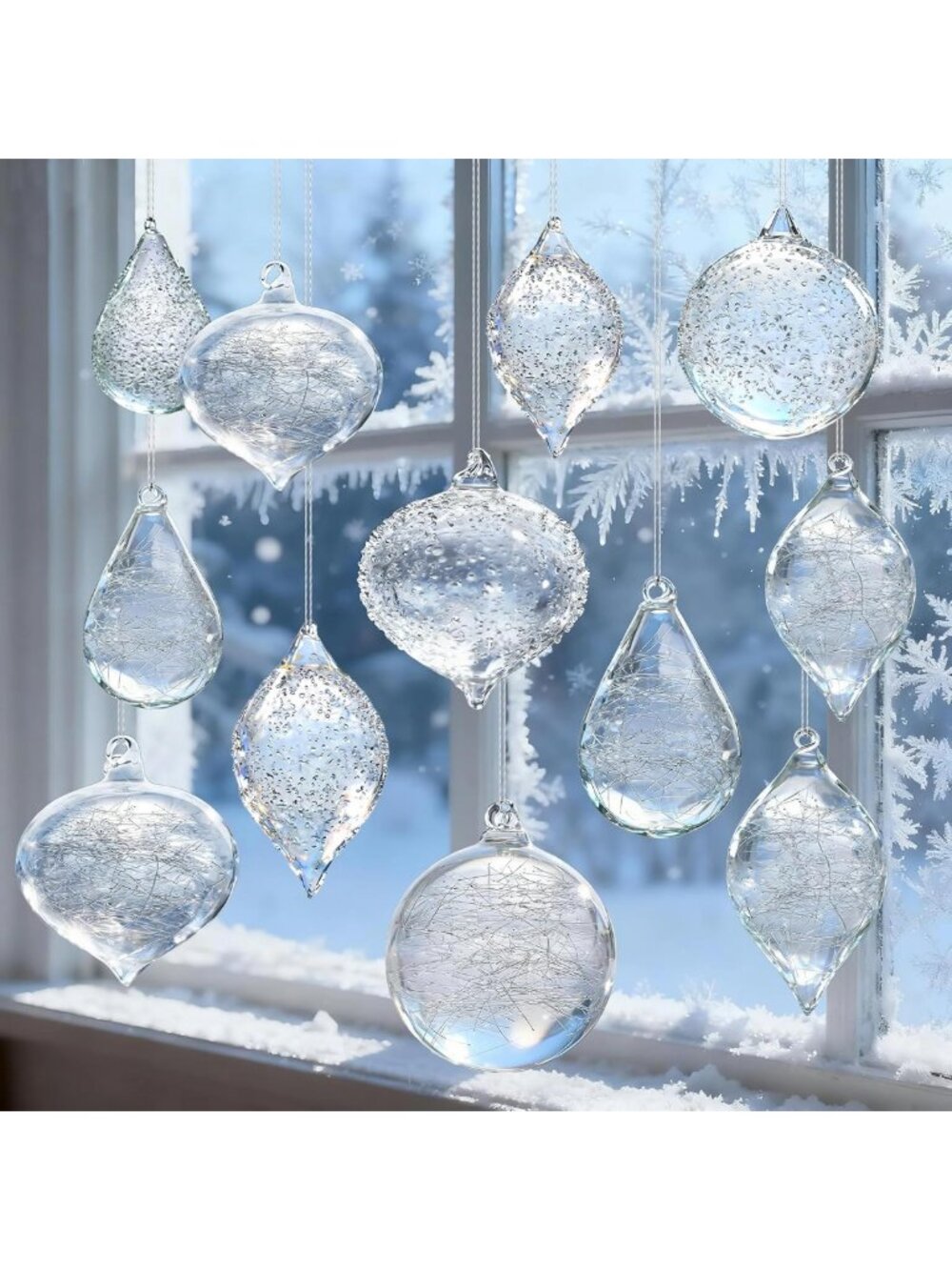 12-Pc Hand Blown Clear Glass Christmas Ornaments - Elegant Crystal Ball Decor